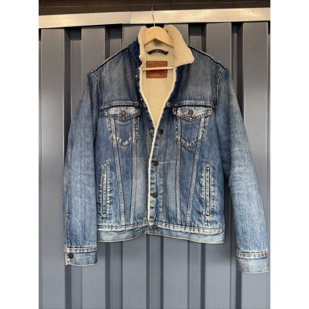 Levi's Sherpa Trucker Denim Jacket Men's Medium M Blue Jean Fleece Lined Coat
